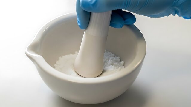 Gloved hand grinds white material inside a porcelain mortar with a pestle