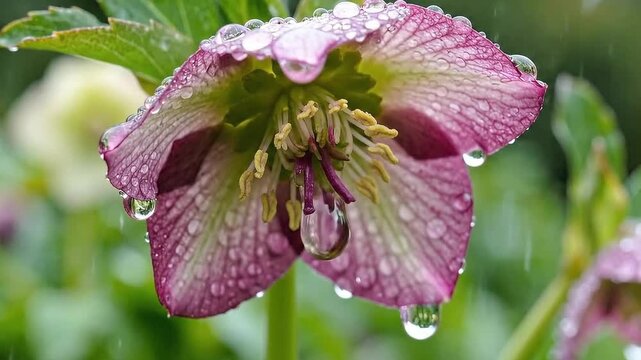 Maroon Hellebore Flower with Raindrops in Spring Shower