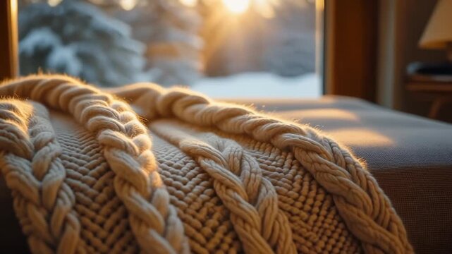 Cozy knitted blanket with cable pattern in warm sunlight by a window with a snowy view, creating a peaceful indoor atmosphere.