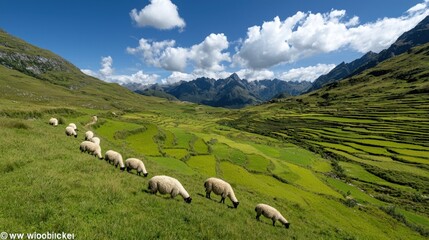 Fototapeta premium Sheep graze on a verdant hillside, overlooking terraced fields and mountains under a bright blue, cloudy sky