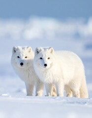 Two arctic foxes closeup on frozen snowy winter background. 