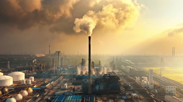 Aerial shot of industrial factory plant chimney emitting smoke causing air pollution against golden sunset sky