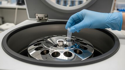 A gloved hand loads a sample tube into the metal rotor of a modern centrifuge