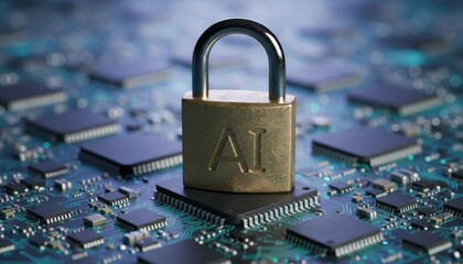Conceptual representation of artificial intelligence security featuring a metallic padlock labeled AI placed on electronic circuitry conveying digital protection and control