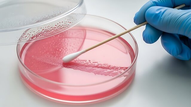 Gloved hand uses a cotton swab to streak red agar medium in a culture petri dish
