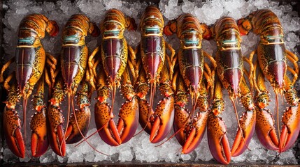 A row of fresh vibrant lobsters resting on a bed of crushed ice seafood