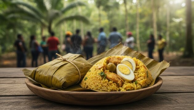 Traditional banana leaf wrapped rice dish known as Juanes served in Amazon region highlighting Peruvian culture and community gathering