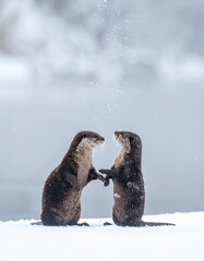Obraz premium Two cute wild otters in white snow, cold winter background. 