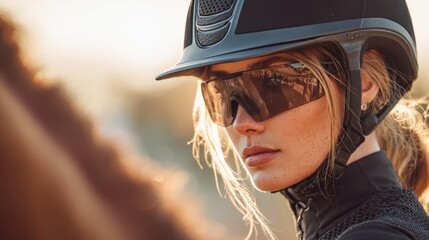 Blonde female equestrian with freckles wearing helmet and sunglasses at sunset