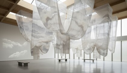 An abstract concept scene with floating translucent fabric panels in pale neutral light creating an airy serene minimal atmosphere with gentle diffused illumination