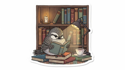 Owl reading book in library illustration