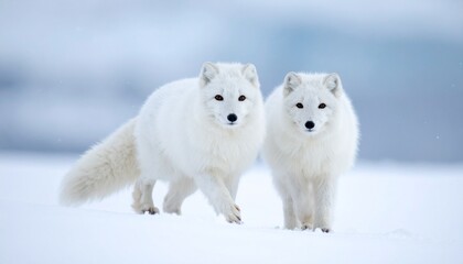 Obraz premium Two arctic foxes closeup on frozen snowy winter background. 