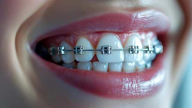 Close-up of smiling young caucasian woman with dental braces on teeth