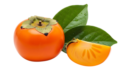 A whole persimmon fruit with a green leaf and a cut slice, isolated on transparent background.