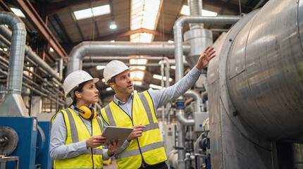 Factory workers in yellow safety vests and white hardhats inspecting industrial plant. Two engineers pointing and discussing at manufacturing facility. Professional teamwork in production environment