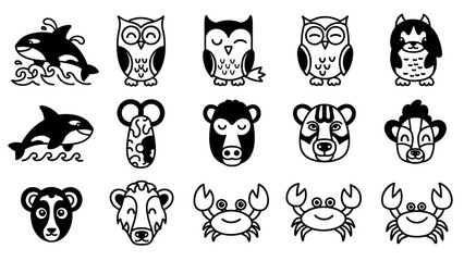Black and white animal icons vector illustrations of various creatures