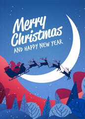 Naklejka na ściany i meble Santa sleigh reindeer Christmas night moon forest landscape festive winter scene red blue snowy hills pine trees sky