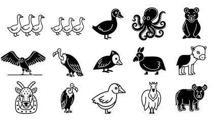 Black and white animal illustrations for design and educational projects