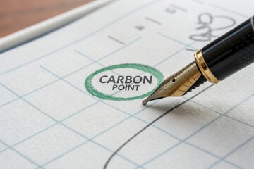 Pen marking the carbon point on a ledger paper close up