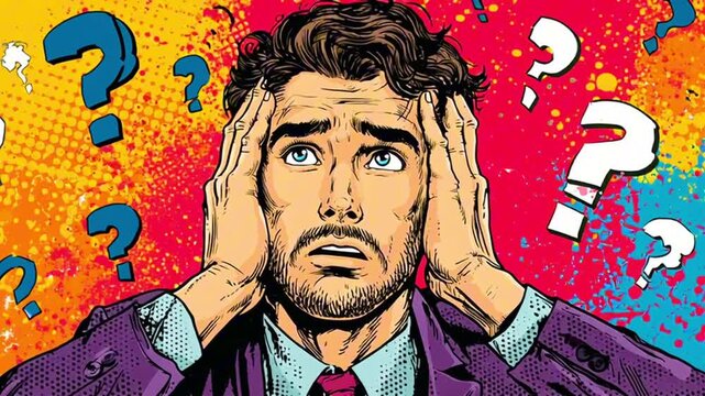 Confused Businessman Pop Art. Businessman Under Stress Surrounded by Question Marks on Colorful Background in Pop Art Retro Comic Style