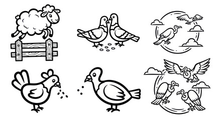 Obraz premium Black and white animal illustrations sheep pigeons chicken and vultures