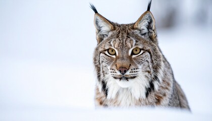 Wild lynx walking in snow on white winter background.