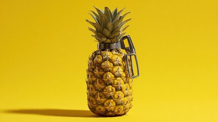Pineapple styled as a hand grenade on a bright yellow background.