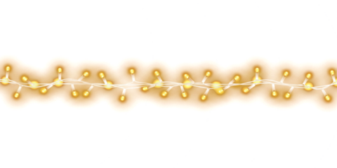 Twinkling fairy lights glow in soft amber. Golden garland loops around festive corner. Warm bulbs dangle on celebration wire. Holiday sparkle brightens the dark scene