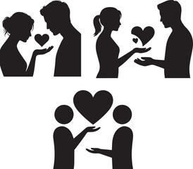 Love relationship people couple silhouette holding hearts in hands vector set