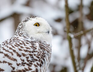 Cute white polar baby owl on frozen snowy tree branch in wintertime.