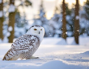 Cute white arctic owl in snow in wintertime.
