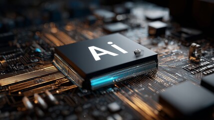 motherboard with ai written on it. Concept AI (Artificial Intelligence) technology, chip IC on PCB, PCB circuit board, microprocessor --ar 5:2