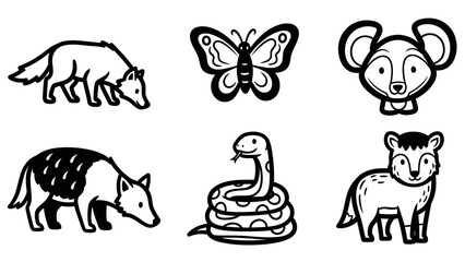 Black and white animal illustrations fox butterfly mouse snake and deer