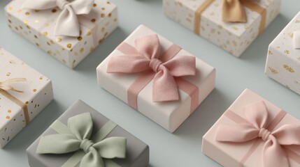 Group of six small gift boxes arranged in a scattered manner on a light blue background. the boxes are wrapped in white paper with gold polka dots and have a large pink ribbon tied in a bow on top.