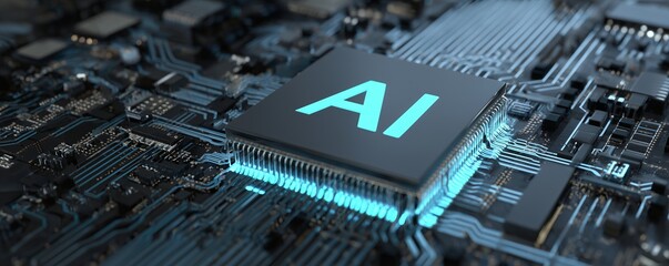 motherboard with ai written on it. Concept AI (Artificial Intelligence) technology, chip IC on PCB, PCB circuit board, microprocessor --ar 5:2