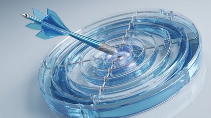 Blue arrow hitting bullseye on clear concentric target, target hit