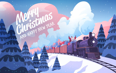 Fototapeta na wymiar Santa Christmas train winter landscape snowy pine trees festive gifts steam locomotive mountains blue pink sky holiday celebration