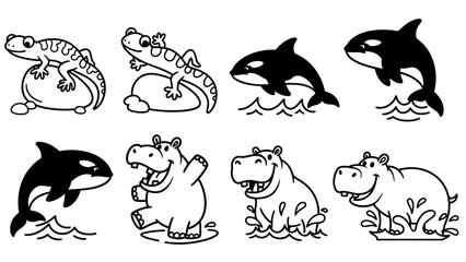 Fototapeta premium Black and white animal illustrations gecko orca hippo ocean creatures