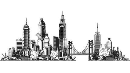 Obraz premium City skyline illustration with garbage and litter in urban environment 
