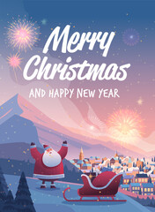 Santa Christmas New Year 2026 celebration winter landscape fireworks sleigh snow-covered town mountain night festive holiday scene