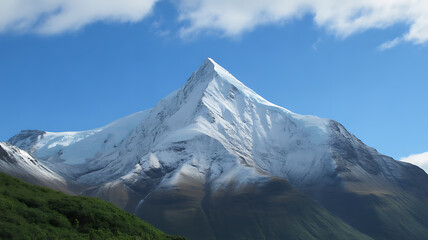 Sharp snow-covered mountain peak against a bright blue sky summit