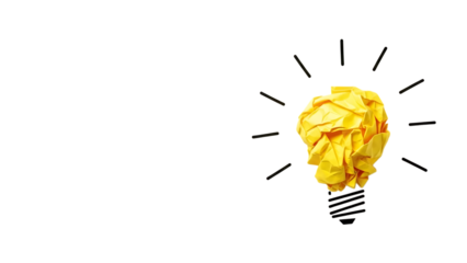 Crumpled yellow paper shaped like a light bulb with rays isolated on transparent background.