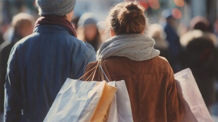 Man and a woman walking on a busy street. the man is on the left side of the image, wearing a blue jacket and a gray beanie.