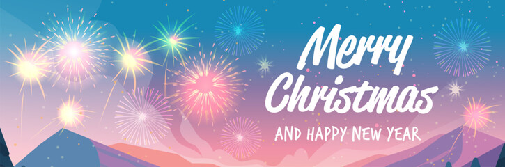 Christmas fireworks celebration night sky colorful bursts mountains festive landscape holiday greeting card banner