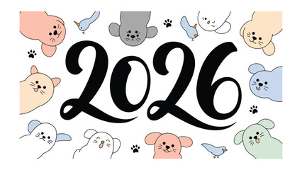 2026: Delightful cartoon dogs and avian friends adorn the scene, playfully anticipating the year 2026. A joyful design with cheerful illustrations.