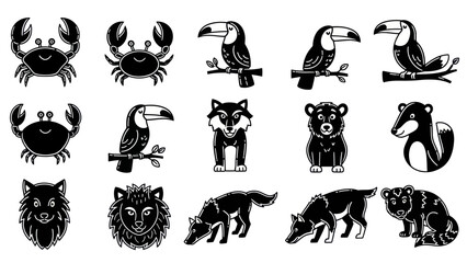 Black and white animal illustrations crab toucan wolf bear silhouette vector set