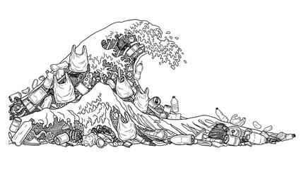 Illustration of a wave made of plastic waste and litter  