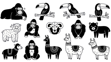 Black and white animal illustrations of gorillas toucans rams and llamas © Hai