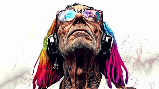 Elderly caucasian man with colorful dreadlocks headphones and glasses listening to music