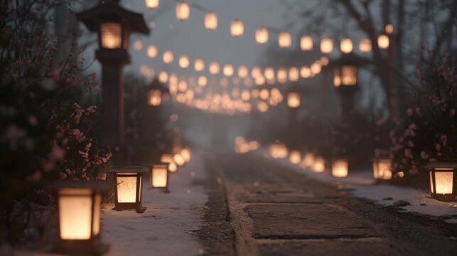 Pathway lined with lanterns on either side. the pathway is covered in snow and there are trees and bushes on both sides. the lanterns are lit up, creating a warm glow that illuminates the pathway. - Powered by Adobe